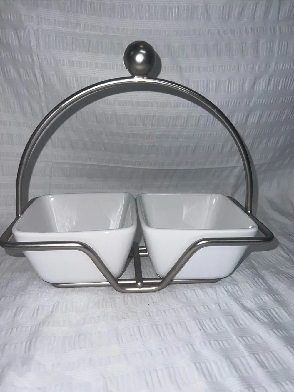 The Pampered Chef White Ceramic Twin Dip Bowls with Silver Metal Handle